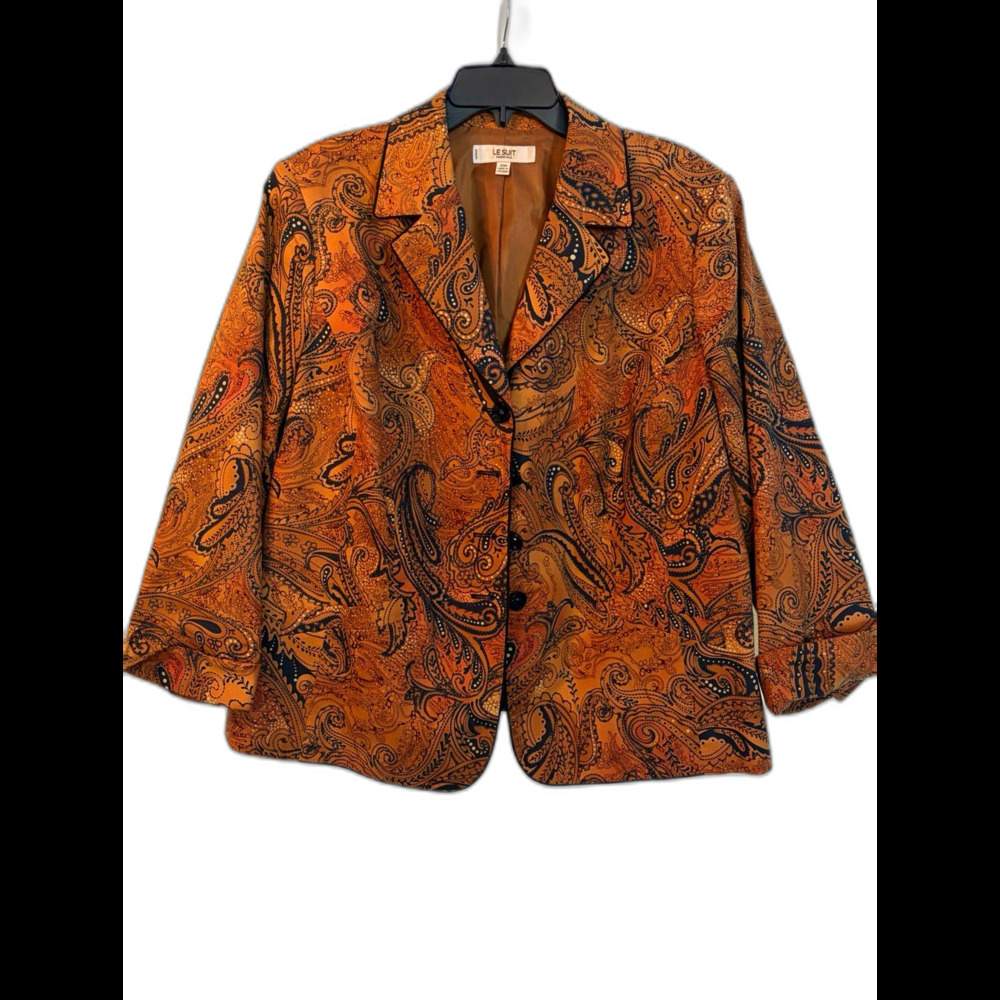 Le Suit Essentials Women’s Brown Paisley Button Front Lined Short Blazer 20W